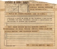 [Telegrama] 1945 nov. [17], Trujillo, [Perú] [a] Gabriela Mistral, Consulado Chile, RJ, Petrópolis, [Brasil]