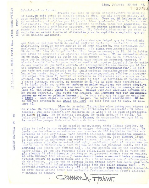 [Carta] 1944 feb. 23, Lima [a] Gabriela Mistral