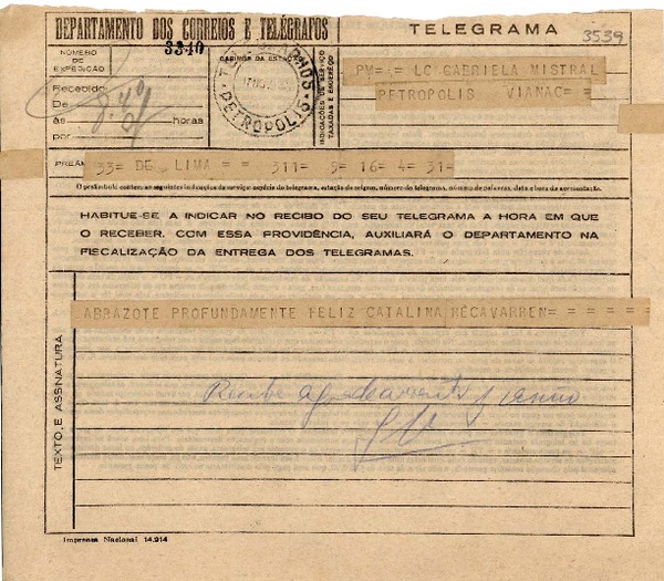 [Telegrama] 1945 nov. 17, Lima, [Perú] [a] Gabriela Mistral, Petrópolis, [Brasil]