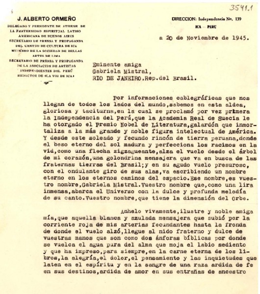 [Carta] 1945 nov. 20, Ica, Perú [a] Gabriela Mistral, Río de Janeiro, Brasil
