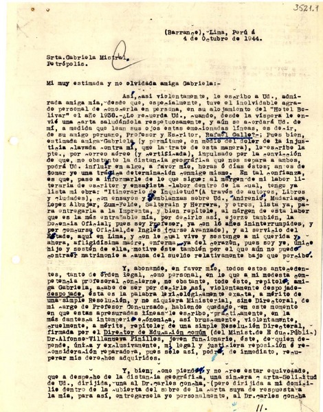 [Carta] 1944 oct. 4, Lima, Perú [a] Gabriela Mistral, Petrópolis