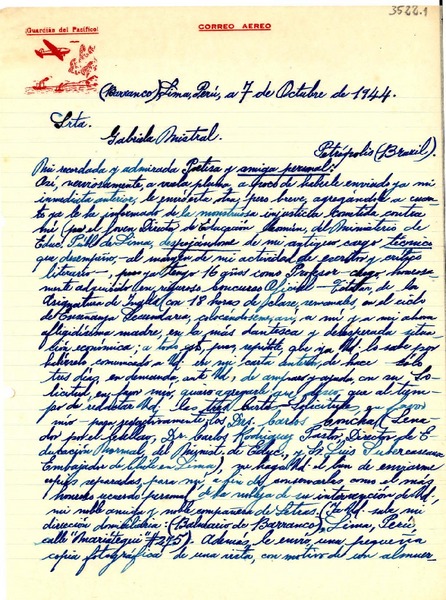 [Carta] 1944 oct. 7, Lima, Perú [a] Gabriela Mistral, Petrópolis, Brasil