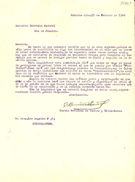 [Carta] 1946 feb. 11, Chincha Alta, Perú [a] Gabriela Mistral, Río de Janeiro
