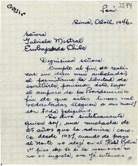 [Carta] 1946 abr., Lima, Perú [a] Gabriela Mistral, Embajada de Chile
