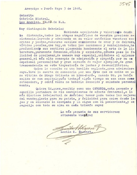 [Carta] 1946 mayo 3, Arequipa, Perú [a] Gabriela Mistral, Los Angeles, EE.UU.