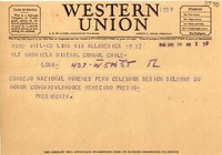 [Telegrama] 1946 mayo 28, Lima, [Perú] [a] Gabriela Mistral, Cónsul Chile, Los A, [EE.UU.]