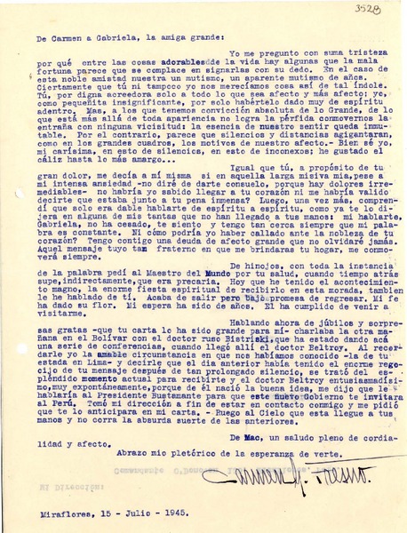 [Carta] 1945 jul. 15, Miraflores, [Perú] [a] Gabriela Mistral