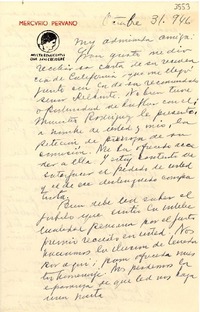 [Carta] 1946 oct. 31, Perú [a] Gabriela Mistral