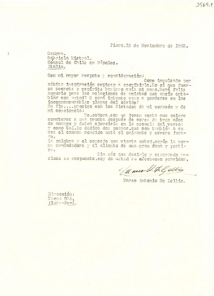 [Carta] 1952 nov. 18, Piura, [Perú] [a] Gabriela Mistral, Nápoles, Italia