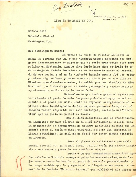 [Carta] 1947 abr. 22, Lima [a] Gabriela Mistral, Washington, D.C.