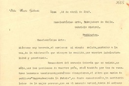 [Carta] 1947 abr. 28, Lima [a] Gabriela Mistral, Washington, D.C.