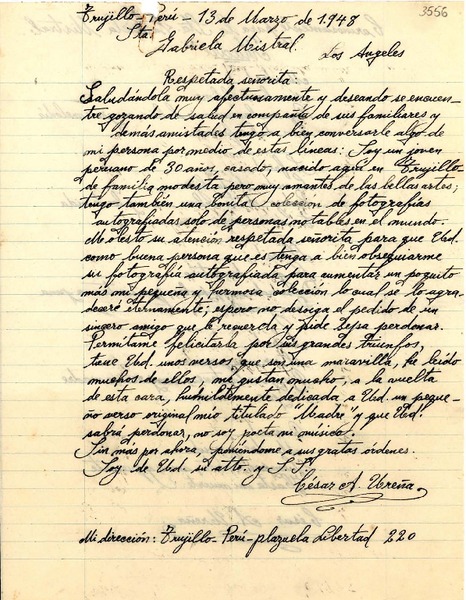 [Carta] 1948 mar. 13, Trujillo, Perú [a] Gabriela Mistral, Los Ángeles
