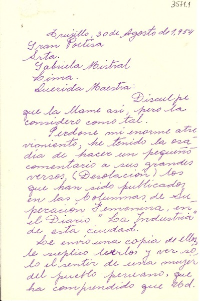 [Carta] 1954 ago. 30, Trujillo, [Perú] [a] Gabriela Mistral, Lima