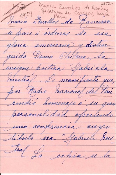[Carta] 1954 sept. 20, Lima, [Perú] [a] Gabriela Mistral