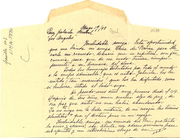 [Carta] 1948 mayo. 19, Lima, Perú [a] Gabriela Mistral, Los Ángeles