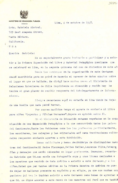[Carta] 1948 oct. 4, Lima [a] Gabriela Mistral, Santa Bárbara, California