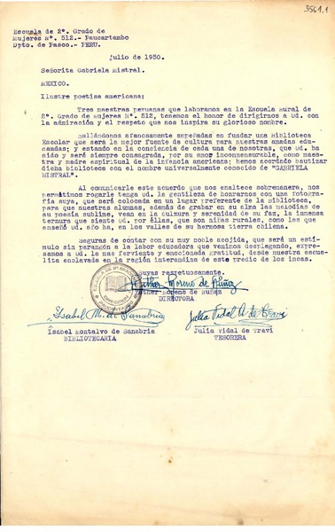[Carta] 1950 jun. 19, Paucartambo, Perú [a] Gabriela Mistral, México