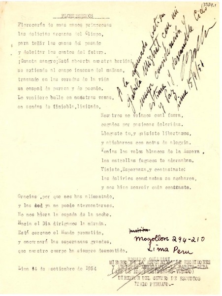 [Carta] 1954 sept. 14, Lima, Perú [a] Gabriela Mistral