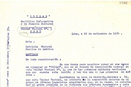 [Carta] 1954 sept. 22, Lima, Perú [a] Gabriela Mistral, Santiago, [Chile]