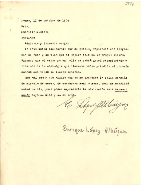 [Carta] 1954 oct. 11, Tacna, [Perú] [a] Gabriela Mistral, Santiago