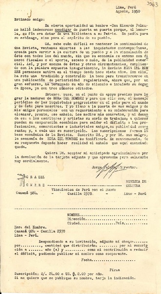 [Carta] 1950 ago., Lima, Perú [a] Gabriela Mistral, Los Ángeles, California