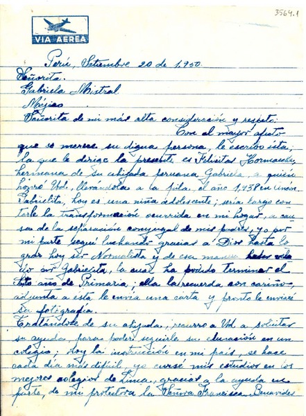[Carta] 1950 sept. 20, Perú [a] Gabriela Mistral, México
