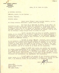 [Carta] 1952 jun. 30, Lima [a] Gabriela Mistral, Nápoles, Italia