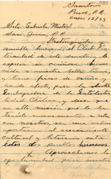 [Carta] 1933 ene. 2, Ponce, Puerto Rico [a] Gabriela Mistral