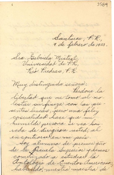 [Carta] 1933 feb. 9, Santurce, Puerto Rico [a] Gabriela Mistral, Río Piedras, Puerto Rico