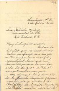 [Carta] 1933 feb. 9, Santurce, Puerto Rico [a] Gabriela Mistral, Río Piedras, Puerto Rico
