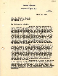 [Carta] 1933 mar. 22, San Juan, Puerto Rico [a] Gabriela Mistral, Río Piedras, Puerto Rico