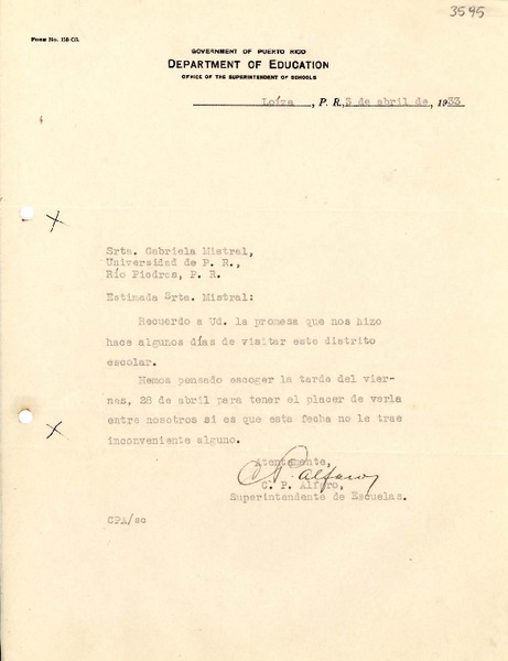 [Carta] 1933 abr. 3, Loíza, Puerto Rico [a] Gabriela Mistral, Río Piedras, Puerto Rico