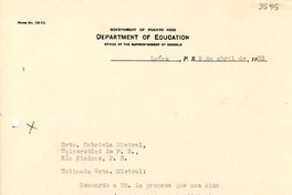 [Carta] 1933 abr. 3, Loíza, Puerto Rico [a] Gabriela Mistral, Río Piedras, Puerto Rico