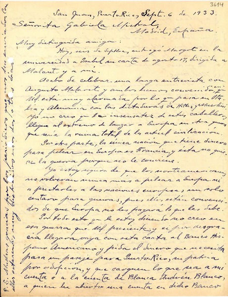 [Carta] 1933 sept. 6, San Juan, Puerto Rico [a] Gabriela Mistral, Madrid, España