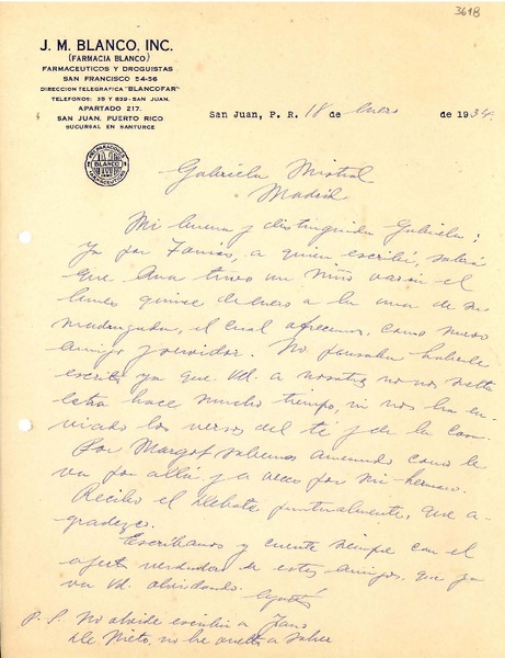 [Carta] 1934 ene. 18, San Juan, Puerto Rico [a] Gabriela Mistral