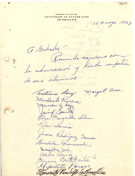 [Carta] 1933 mayo 15, Río Piedras, Puerto Rico [a] Gabriela Mistral, Río Piedras, Puerto Rico