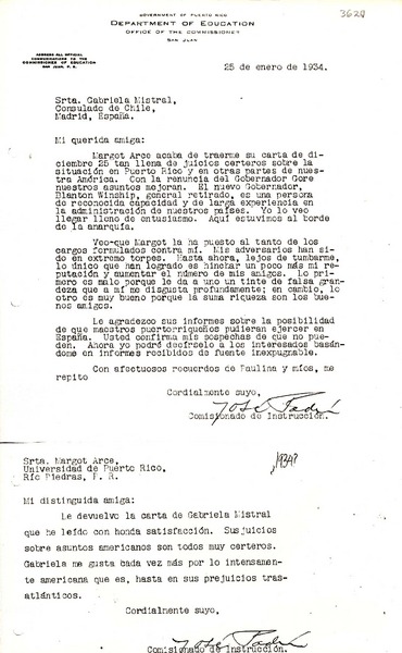 [Carta] 1934 ene. 25, San Juan, Puerto Rico [a] Gabriela Mistral