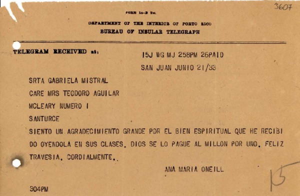 [Telegrama] 1933 jun. 21, San Juan, Puerto Rico [a] Gabriela Mistral, Santurce, Puerto Rico