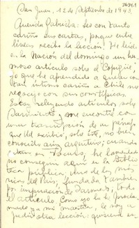 [Carta] 1943 sept. 12, San Juan, [Argentina] [a] Gabriela Mistral
