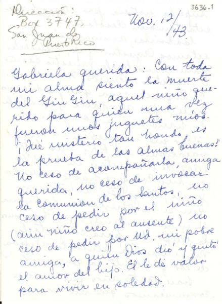 [Carta] 1943 nov. 12, [San Juan, Puerto Rico] [a] Gabriela Mistral