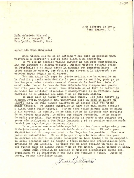 [Carta] 1944 feb. 3, Long Branch, N. J. [a] Gabriela Mistral, Petrópolis, Brasil
