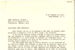 [Carta] 1944 feb. 3, Long Branch, N. J. [a] Gabriela Mistral, Petrópolis, Brasil