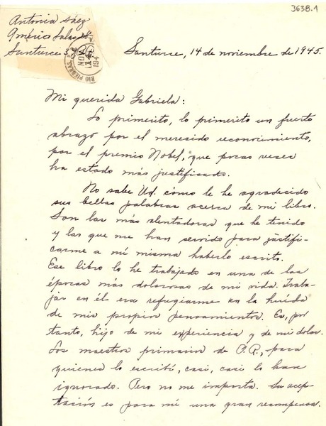 [Carta] 1945 nov. 14, Santurce, Puerto Rico [a] Gabriela Mistral