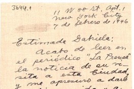 [Carta] 1946 feb. 7, Nueva York [a] Gabriela Mistral