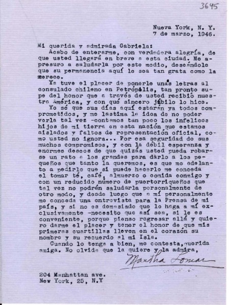 [Carta] 1946 mar. 7, Nueva York [a] Gabriela Mistral