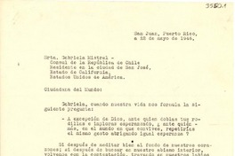 [Carta] 1946 mayo 22, San Juan, Puerto Rico [a] Gabriela Mistral, San José, California, [EE.UU.]