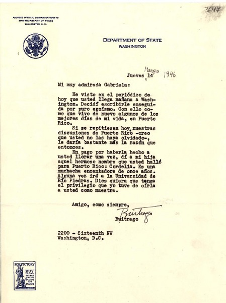 [Carta] 1946 mar. 14, Washington [a] Gabriela Mistral