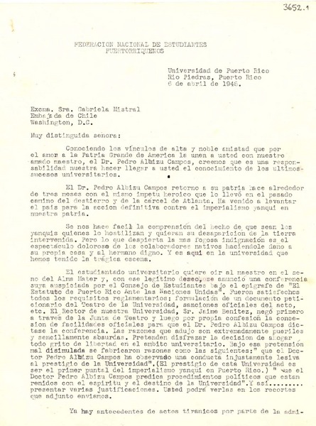 [Carta] 1948 mayo 6, Río de Piedras, Puerto Rico [a] Gabriela Mistral, Washington D.C., [EE.UU.]