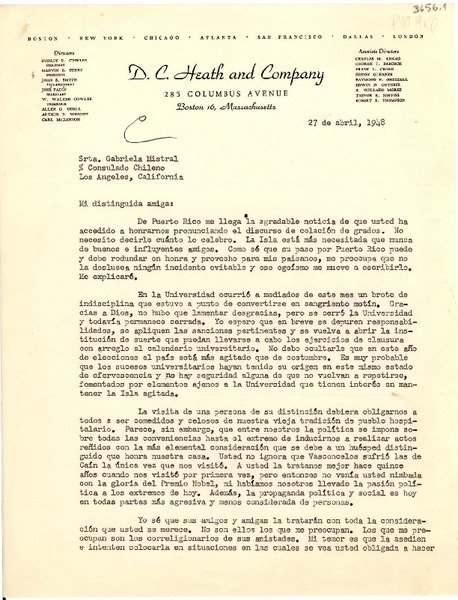 [Carta] 1948 abr. 27, [Boston, Massachusetts] [a] Gabriela Mistral, Los Angeles, California