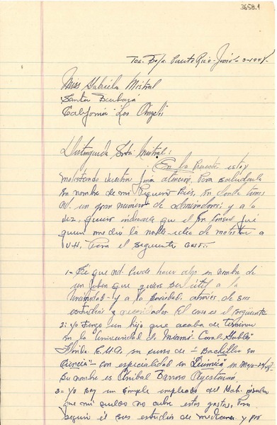 [Carta] 1948 jun. 3, Toa Baja, Puerto Rico [a] Gabriela Mistral, Santa Barbara, Los Angeles, Ca., [EE.UU.]
